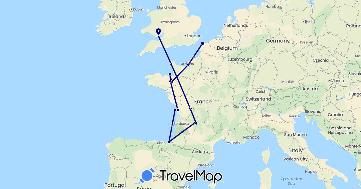 TravelMap itinerary: driving in Spain, France, United Kingdom (Europe)